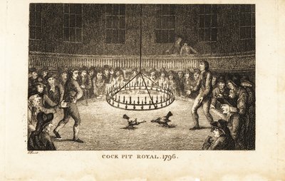 Gokkers kijken naar een hanengevecht bij kaarslicht in de Cock Pit Royal, St door Samuel (after) Howitt