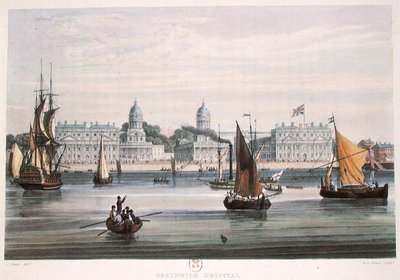 Greenwich Hospital, gegraveerd door R.G. Reeve 1828 (gekleurde gravure) door Samuel (after) Owen
