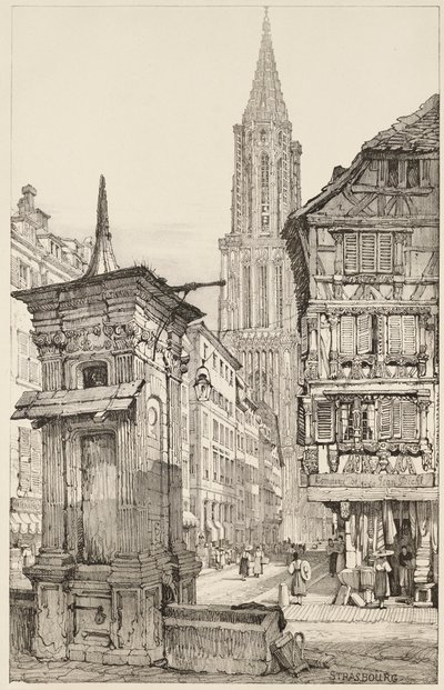 De Rue Mercière en westelijke gevel van de kathedraal van Straatsburg door Samuel (after) Prout