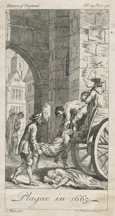 Verzamelen van pestslachtoffers, Holywell Lane, Shoreditch, Londen, VK (gravure) door Samuel (after) Wale
