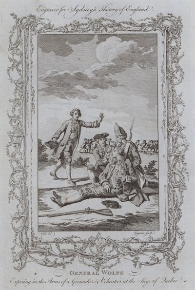 Generaal Wolfe Stervend in de Armen van een Grenadier en Vrijwilliger bij het Beleg van Quebec door Samuel (after) Wale