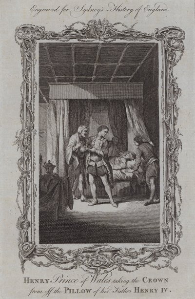 Henry Prins van Wales neemt de kroon van het kussen van zijn vader Henry IV (gravure) door Samuel (after) Wale