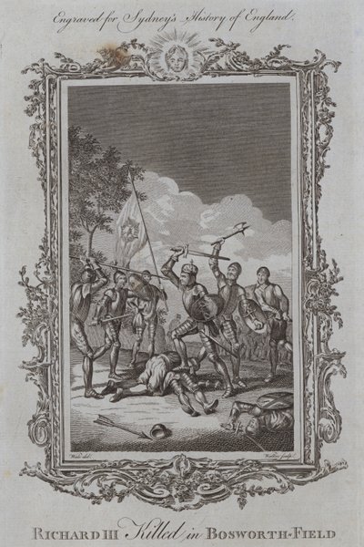 Richard III gedood in Bosworth-Field (gravure) door Samuel (after) Wale