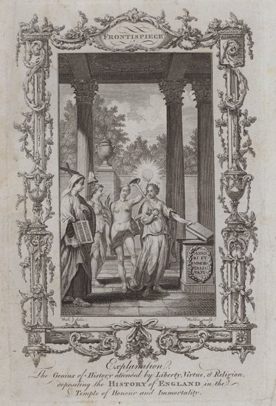 De Geest van de Geschiedenis vergezeld door Vrijheid, Deugd en Religie, die de Geschiedenis van Engeland in de Tempel van Eer en Onsterfelijkheid plaatst door Samuel (after) Wale