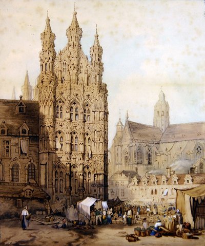 Het Stadhuis en de Kathedraal in Leuven, België, ca.1840 door Samuel (circle of) Prout