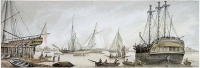 Een Indiaman-schip gereed voor reparaties op de Theems, met een beschrijving van de gewone activiteiten van de Koninklijke Scheepswerven in Deptford door Samuel Atkins