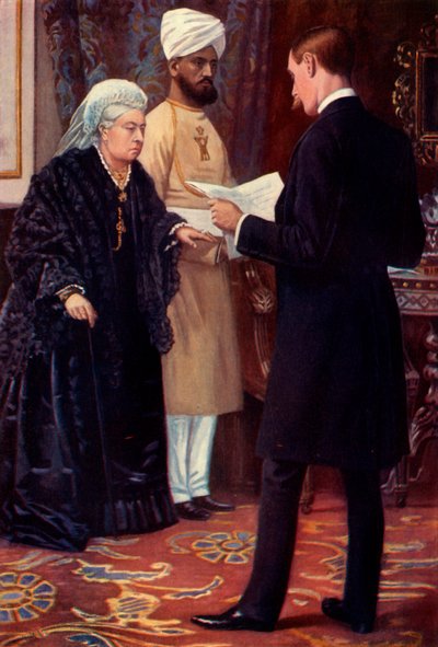De koningin luistert naar een bericht van het front door Samuel Begg