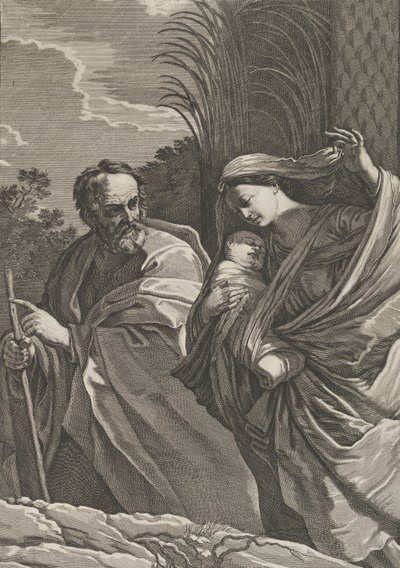 De vlucht naar Egypte, de Maagd draagt het kind Christus, Jozef wijst naar..., ca. 1635-57 door Samuel Bernard