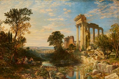 Italiaans landschap met figuren bij ruïnes door Samuel Bough