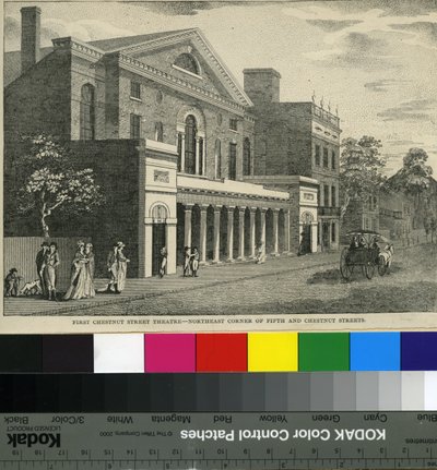 Eerste Chestnut Street Theatre, noordoostelijke hoek van Fifth en Chestnut Streets, ca. 1820 (houtsnede) door Samuel Castner