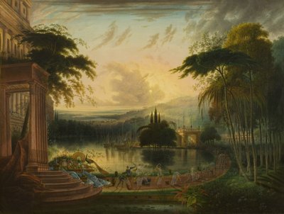 Een romantisch landschap met de aankomst van de koningin van Sheba door Samuel Colman