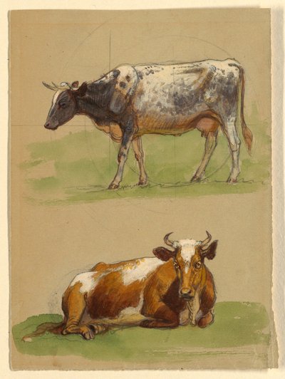 Tekening, Vee, een koe loopt en een koe hurkt, 1875-80 door Samuel Colman