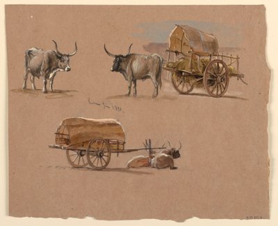 Tekening, Ossenkarren, Rome, Italië, januari 1873 door Samuel Colman