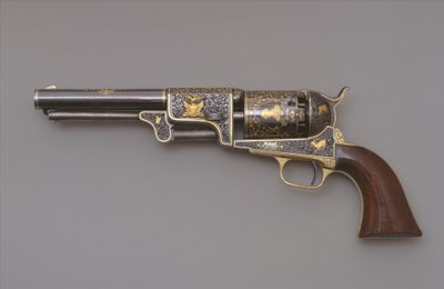 Colt Derde Model Dragoon Percussie Revolver, c.1853 (staal, messing, goud en walnotenhout) door Samuel Colt