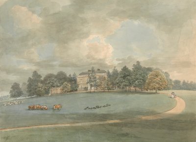 Een landhuis met figuren op de oprijlaan door Samuel Davis