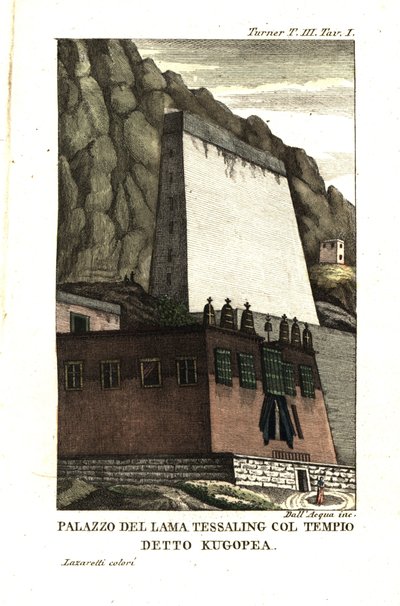 Woning van Tessaling Lama met het religieuze gebouw genaamd Kugopea. Illustratie door luitenant Samuel Davis uit Captain Samuel Turner (1759-1802) Verslag van een ambassade naar het hof van de Teshoo Lama in Tibet 1800. Kopergravure door Dell