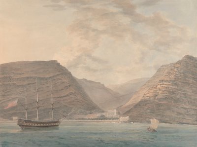 Oorlogsschip Voor Anker in de Haven, Bergen op de Achtergrond door Samuel Davis