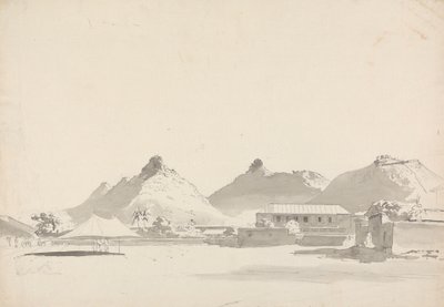 Militair kampement met forten op heuvels erachter door Samuel Davis
