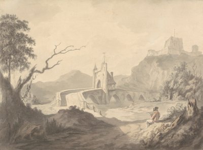 Rivierscène en Brug met Kunstenaar die in de Voorgrond Schetst door Samuel Davis