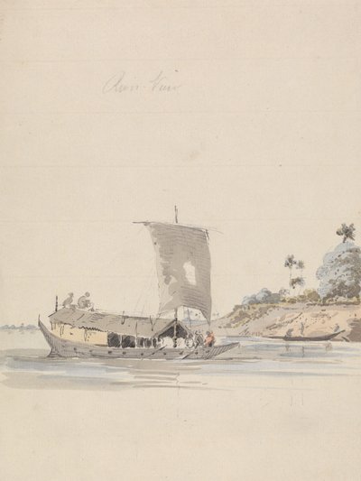 Riviergezicht met een jonk (bij Rajmahal?) door Samuel Davis