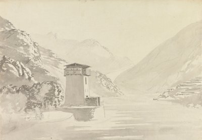 Uitzicht vanaf de Brug bij Wandepore [Wangdu Phodrang] door Samuel Davis