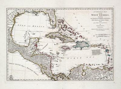 Een complete kaart van West-Indië met de kusten van Florida, Louisiana, Nieuw-Spanje en Terra Firma met alle eilanden door Samuel Dunn