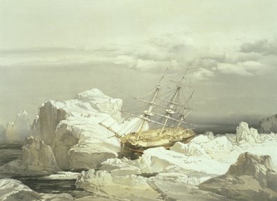 Kritieke positie van H.M.S. Investigator aan de noordkust van Baring Island, 20 augustus 1851, gegraveerd door William Simpson, gepubliceerd door Ackermann und Co., 1854 door Samuel Gurney Cresswell