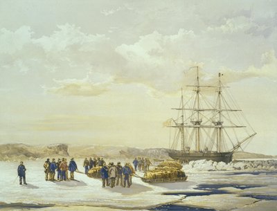 Sledepartij vertrekt van H.M.S. Investigator in Mercy Bay, 15 april 1853, gegraveerd door E. Walker, uitgegeven door Ackermann und Co., 1854 door Samuel Gurney Cresswell