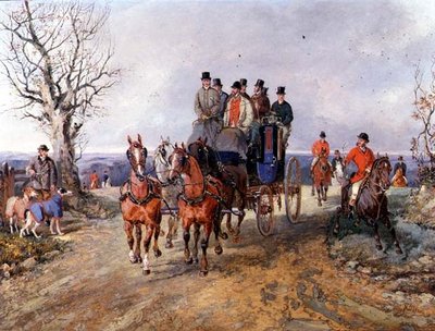 Een koets en vier paarden op de open weg door Samuel Henry Alken