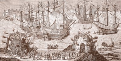 Hendrik VIII gaat aan boord in Dover, uit de grote prent uitgegeven door The Royal Society of Antiquities door Samuel Hieronymous Grimm