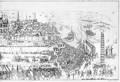 Het beleg van Boulogne door koning Hendrik VIII (1491-1547) in 1544, gegraveerd door James Basire, 1788 door Samuel Hieronymous Grimm