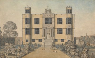 Barlborough Hall, nabij Chesterfield, Derbyshire: de hoofdgevel van de hal door Samuel Hieronymus Grimm