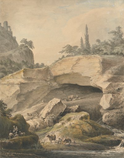 Rotsachtig Landschap met Boeren en Vee door Samuel Hieronymus Grimm