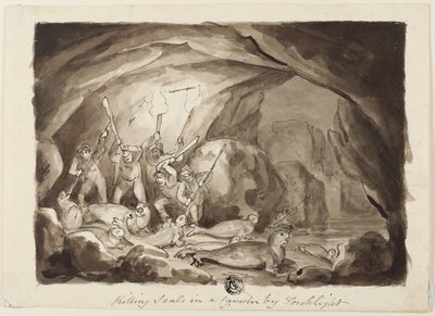 Zeehonden doden in een grot bij fakkellicht (recto); Schets van jagers en bord (verso) door Samuel Howett