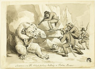 Zeelieden op de walvisvangst die een ijsbeer doden (recto); Schelp (verso) door Samuel Howett