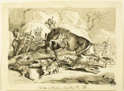 Tartaren of Russen jagen op een eland door Samuel Howett