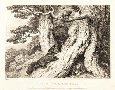 Een haan in een boom slimt een vos af, terwijl een hond slaapt. 1811 (ets) door Samuel Howitt