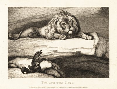 Een vos die dwaas een mannelijke leeuw in zijn hol nadert. 1811 door Samuel Howitt