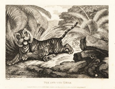 Een vos kijkt naar een gewonde tijger. 1811 (ets) door Samuel Howitt