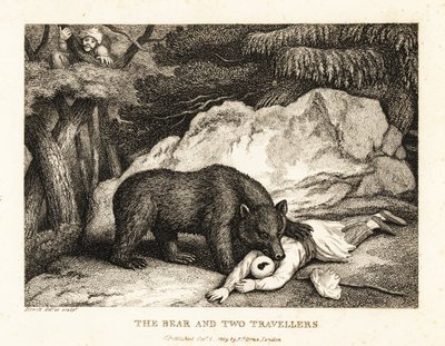 Een reiziger met tulband doet alsof hij dood is terwijl hij wordt aangevallen door een beer. 1811 (ets) door Samuel Howitt