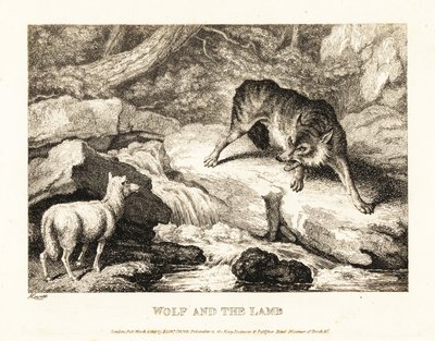 Een wolf die probeert te rechtvaardigen dat hij een lam bij een rivier doodt. 1811 door Samuel Howitt