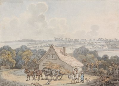 Landschap met hooiwagen voor een huisje door Samuel Howitt