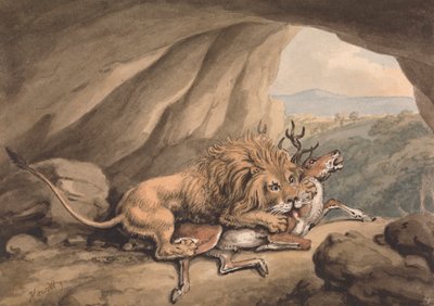 Leeuw die een Hert Aanvalt door Samuel Howitt