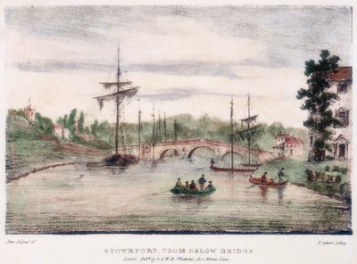 Stourport-on-Severn, Worcestershire, vanaf onder de brug, ca. 1795 door Samuel Ireland