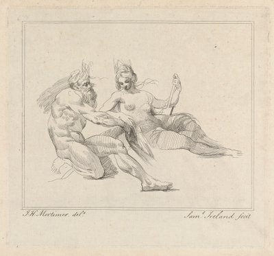 Drie etsen op één blad: Twee mythologische figuren door Samuel Ireland