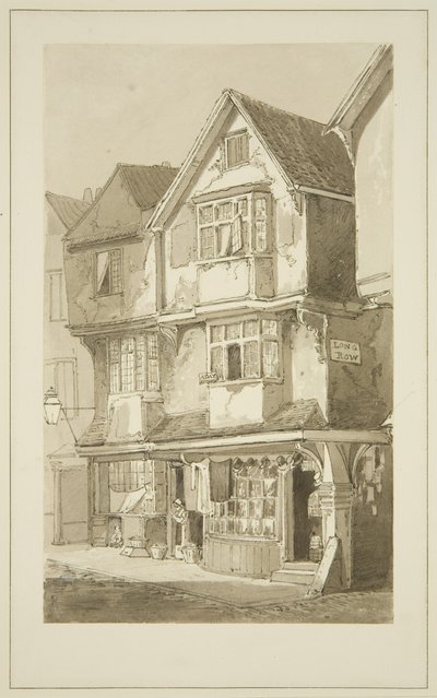 Oude huizen, hoek van Long Row, Temple Street door Samuel Jackson