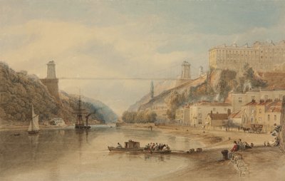 Het voorgestelde hangbrug vanaf Rownham Ferry, ca. 1836 door Samuel Jackson