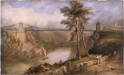 Uitzicht op de Avon Gorge met het goedgekeurde ontwerp voor de Clifton Suspension Bridge door Samuel Jackson