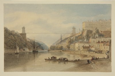 Uitzicht op de Avon bij Hotwells: De voorgestelde hangbrug, ca. 1836 door Samuel Jackson