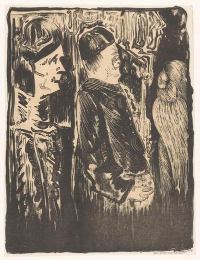 Fantasie: links twee figuren met mutsen op naar rechts, rechts een ingekraste verschijning met verenkleed door Samuel Jessurun de Mesquita (signed by artist)